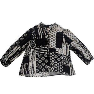 Allison Daley Black & White Patchwork Button Front Rayon Blouse Rhinestone PXL